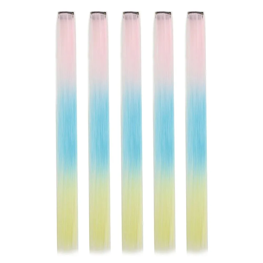 Extensions de cheveux synthétiques à clips, postiches colorées à reflets de fête pour filles, cheveux lisses multicolores de 18 pouces, 5 pièces/ensemble