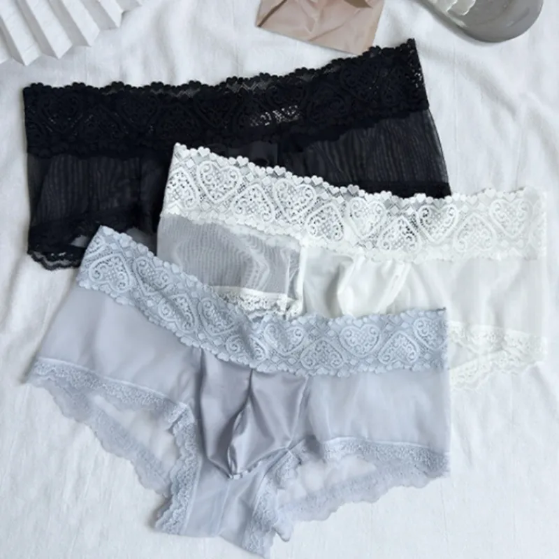 Heren Ijs Zijde Kanten Rand Dunne Naadloze Slips Glanzend 3D Zakje Lichtgewicht Ondergoed Slipje Comfortabele Dagelijkse Lingerie