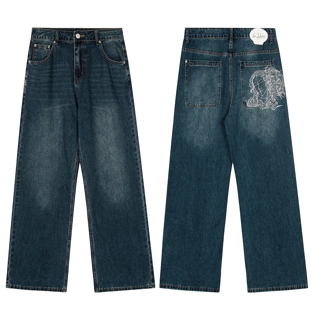 High Street Flower koi Fish Embroidery Baggy Jeans Pants for Men and Women Pantalones Hombre Straight Denim Trousers Oversized