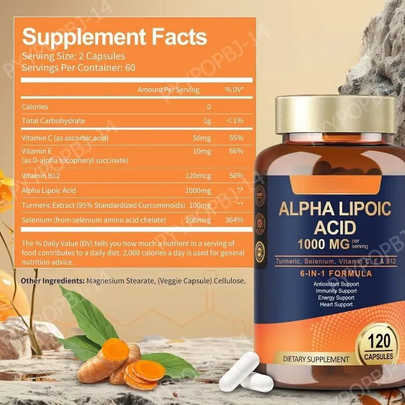 Alpha Lipoic Acid 6-in-1 Formula 1000mg Turmeric Selenium Vitamins C E B12 120 Veggie Capsules for Daily Wellness Support