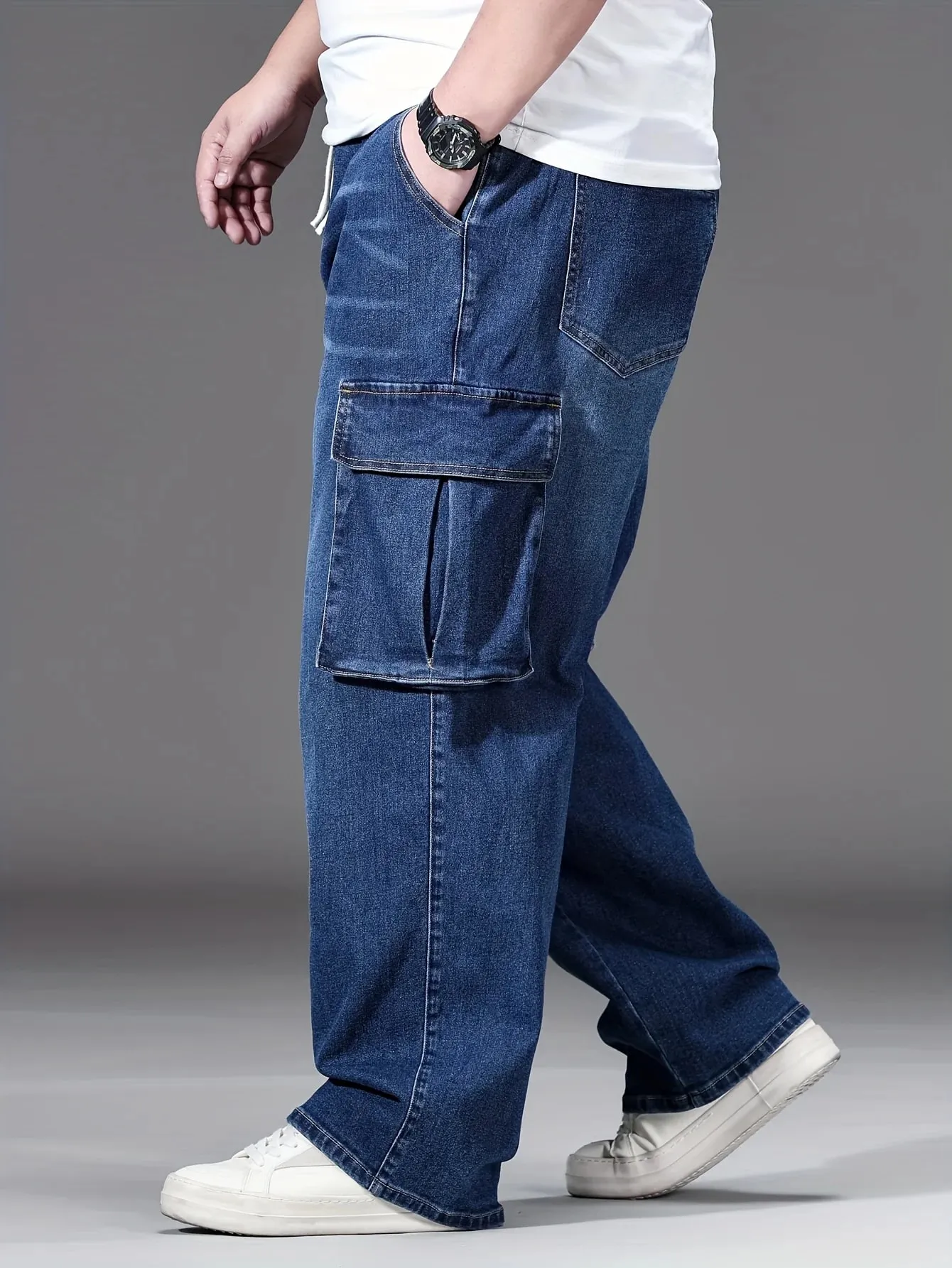 2026 New Men Oversized Jeans High Waist Elastic Drawstring Stretch Baggy Denim Pants Casual Versatile Plus Size Trousers