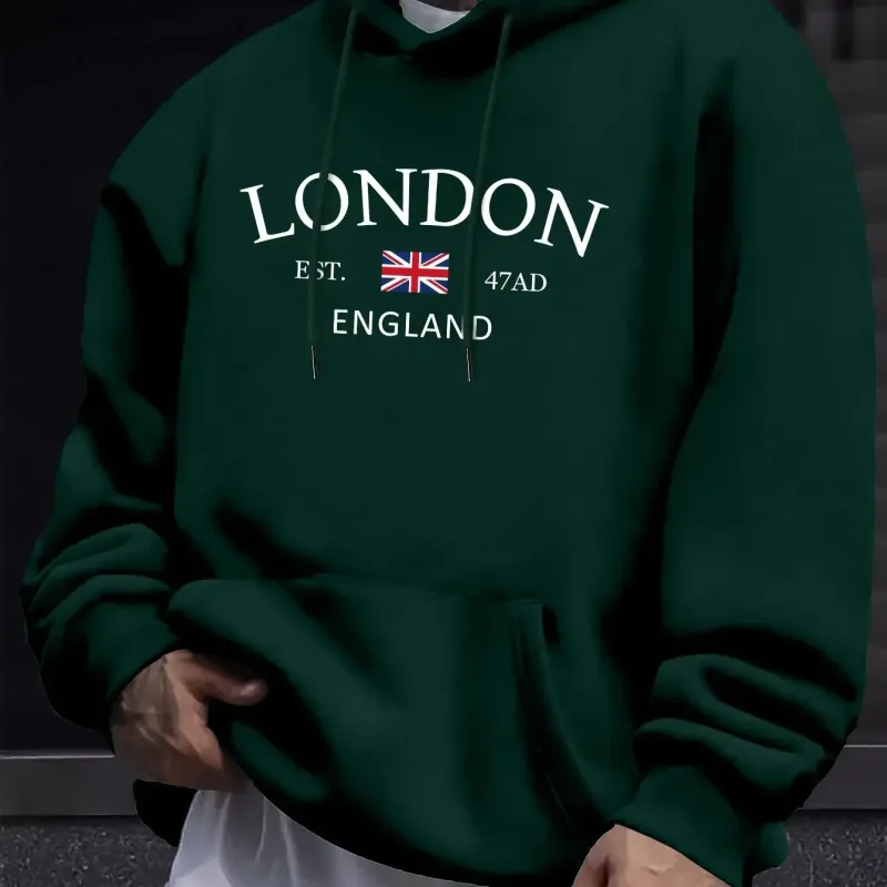 London Fashion Print Hoodies For Men Casual Autumn Winter Casual Sweatshirt Kangaroo Pocket Long Sleeve Autumn/Winter Simple