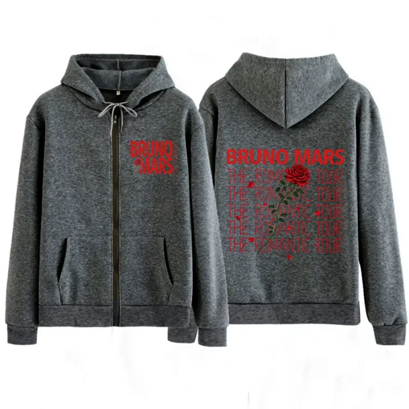 Bruno Mars The Romantic Tour 2026 Print Zip Up Hoodie Men Women Fashion Pullover Long Sleeves Loose Aesthetic Zipper Sweatshirts