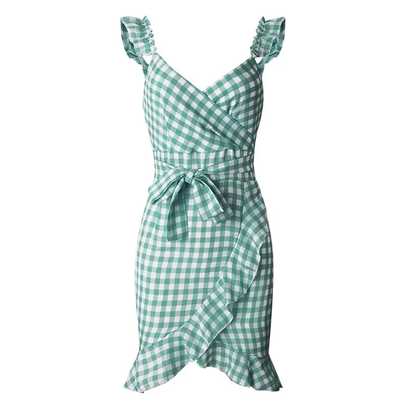 사용자 정의 격자 무늬 레이스 업 Bodycon 복장 여성 주름 장식 여름 드레스 오프 어깨 V 넥 등이없는 불규칙한 나비 넥타이 드레스