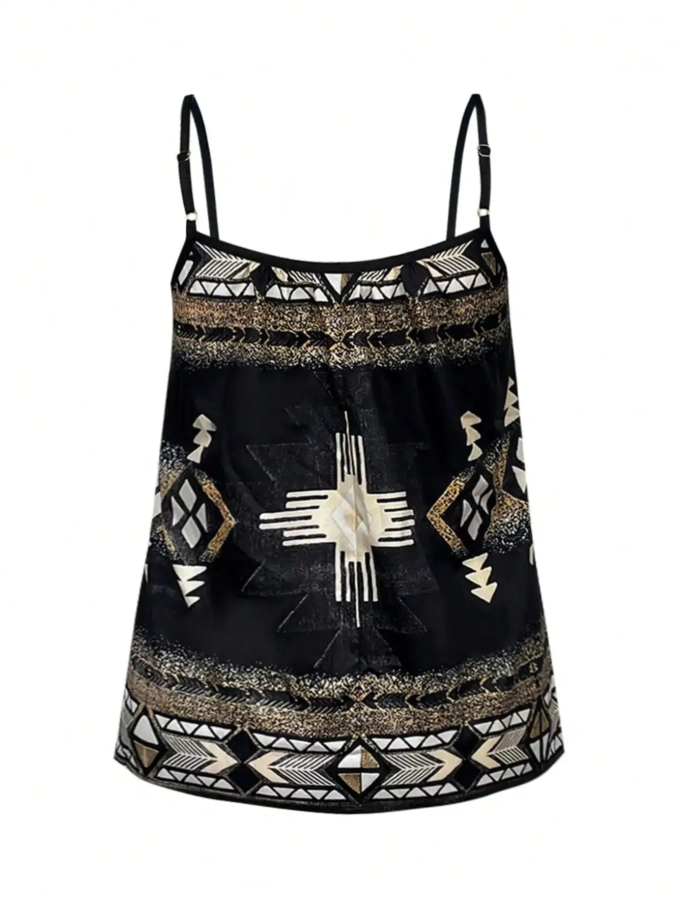 Womens Boho Print Spaghetti Strap Cami Top Loose Fit Summer Casual Tank Black And Gold Tribal Pattern