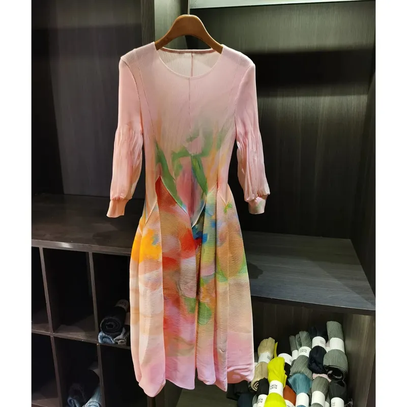 Spring New Oil Painting Print Ruched Dress Women's Beach Vacation Platycodon French Long Dress Fairy Style