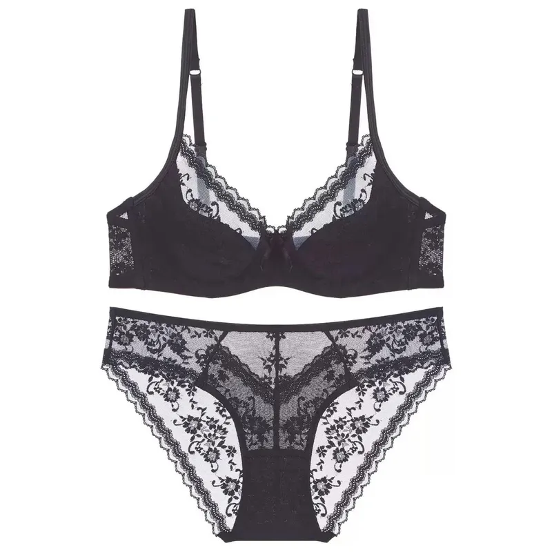 Thin Lace Lingerie Set for Summer Small Chest Gathering Soft Steel Ring Support Anti Sagging Bra Underwear Two-Piece Set