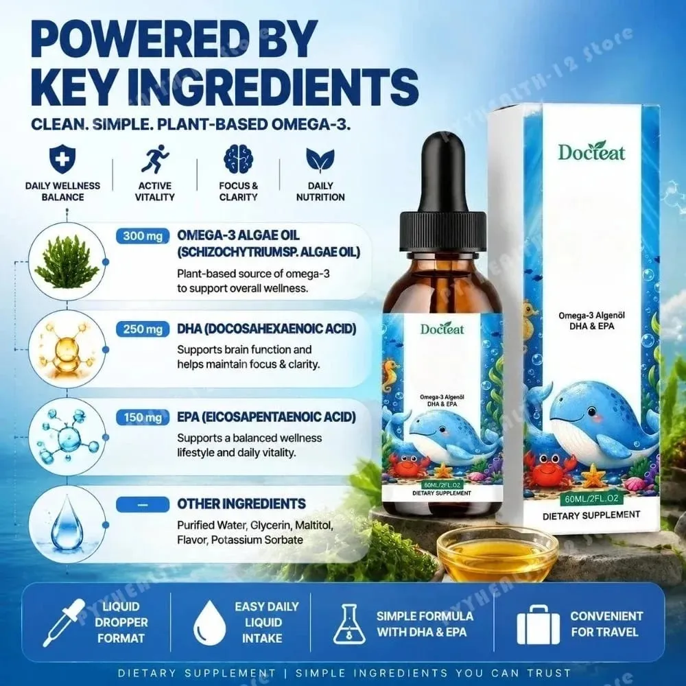 Docteat plantebaseret omega-3 algeolie DHA EPA væskedråber Børn Hjernesundhed Vegansk ikke-GMO Daglig ernæring Orange 60 portioner