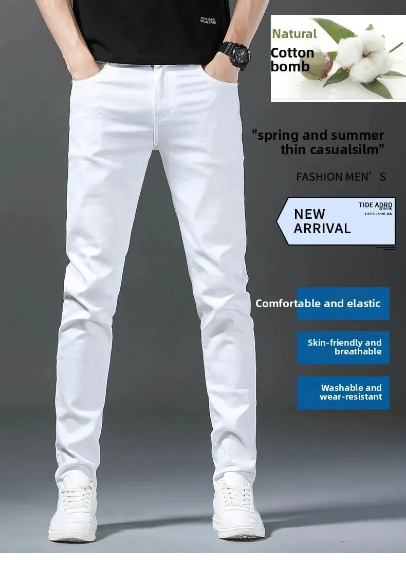 Mens Straight Elastic Waist Jeans 2025 Autumn Winter Fashion Brand Comfortable Versatile Pants Slim Fit White Jeans High Street