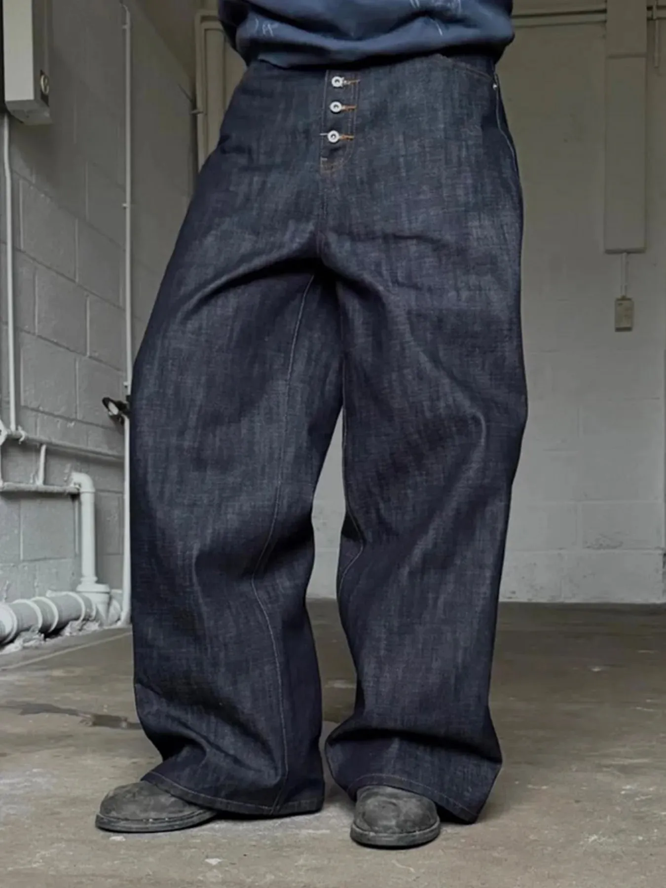 Men Women High Street Jeans American Retro Button Up Baggy Denim Dark Blue Original Vintage Casual Streetwear Trousers