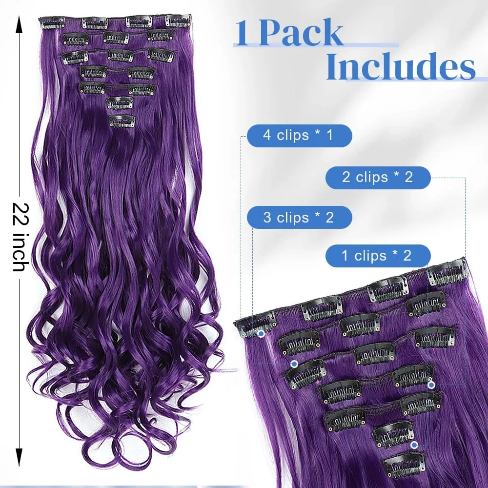 Synthetic Clip in Hair Extensions Purple hairpieces 7pcs/set 22inch Thick Hair for Women Girls Daily Party Cosplay