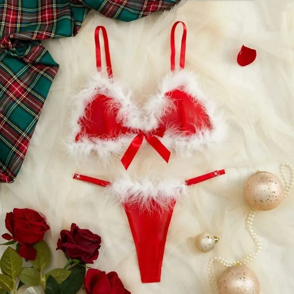 Furry Women's Underwear Wireless Bow Decor Lingerie Set Romantic Intimate Mesh Transparent Bra Panties Suit Anniversary