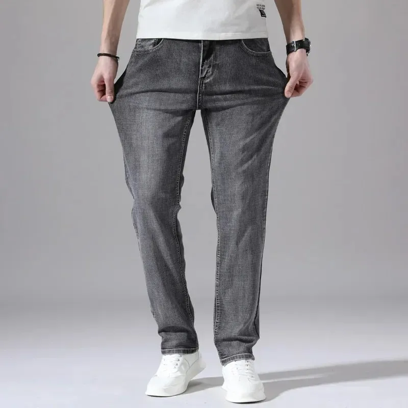 2026 Cotton Stretch Jeans Business Casual Men's Thin Denim Jeans Grey Spring Summer Brand New Fit Straight Lightweight