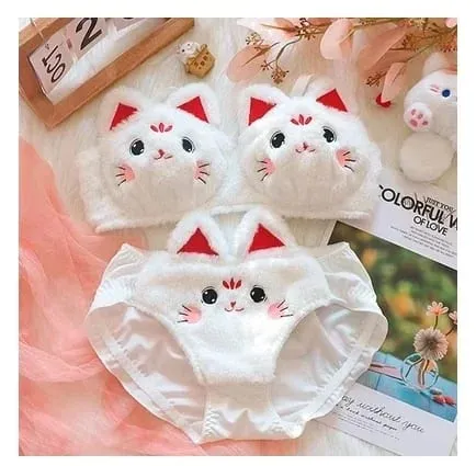 Cute Cat Paw Plush Lingerie Set for Women Warm Winter Bra & Panty with Ears Comfortable Kawaii Underwear