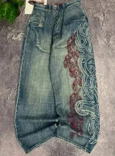 2026 new printed retro wide-leg casual slim trousers Hip-hop personality jeans Y2K women's dark fun graffiti floor-length pants