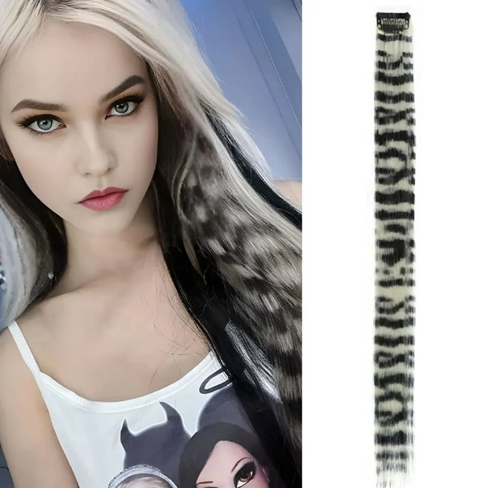 Long Straight Colorful Striped Feather Hairpieces Synthetic Y2K Green Orange Clip in Leopard Print Hair Piece Cosplay Party — image 12