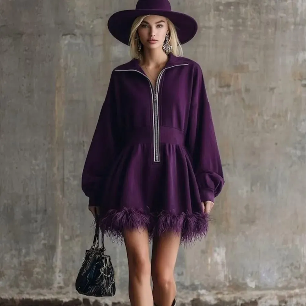 Fashion Dress Autumn Winter Casual Solid Color Simple Street Style Long Sleeved Zipper V-neck Feather Edge Cinched Waist Dresses