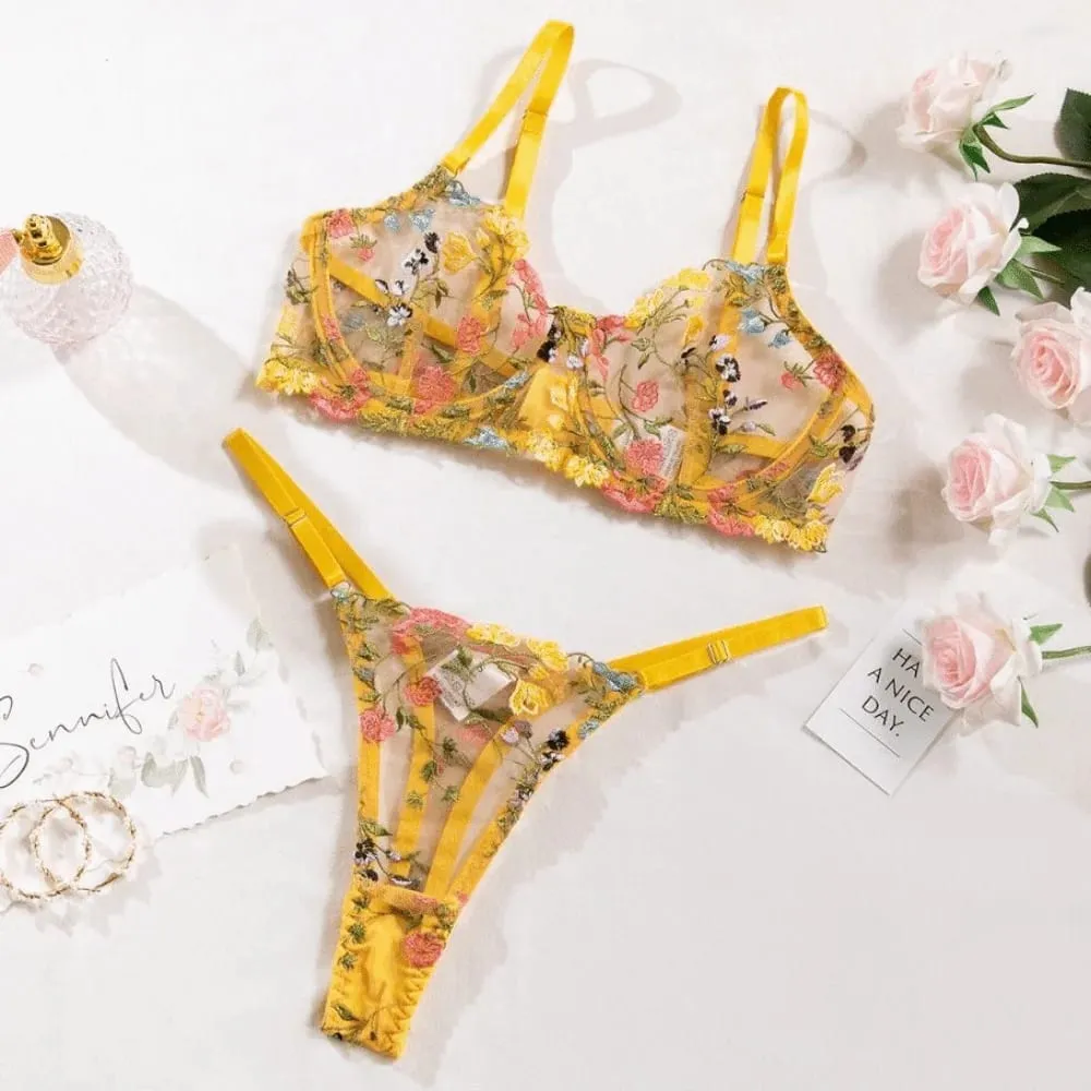 2-Piece Bohemia Floral Lingerie Set Sheer Embroidery Underwear Intimates Underwire Push-up Versatile Bra Panty Set For Lady Girl