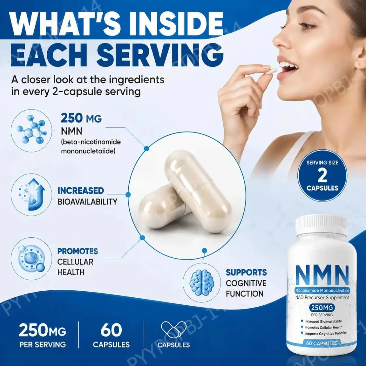 NMN Nicotinamide Mononucleotide Capsules 250 Mg Bawat Paghahatid ng Tumaas na Bioavailability Nagtataguyod ng Cellular Health ng 60 Capsules — image 5