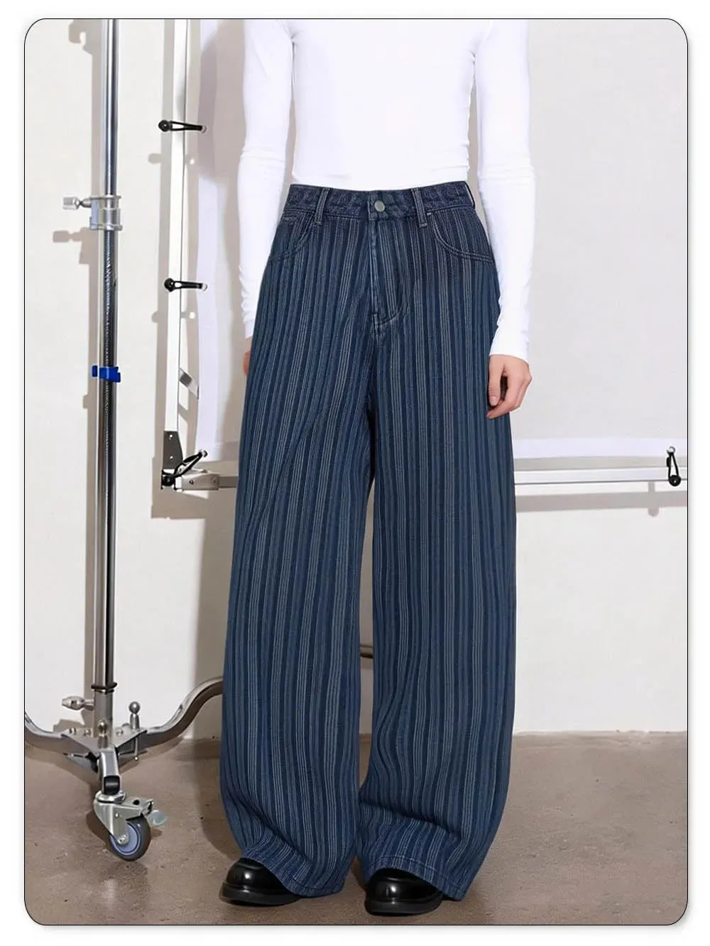 Japanese Korean Style Wavy Stripe Jacquard Fabric Baggy Wide-leg Jeans American Retro Style Business Casual Denim Pants