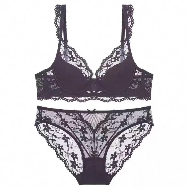 French Flutter Sleeve Lace Women Bra Set Soft Underwire Thin Breathable Sexy Minimizer Beauty Back Lingerie 32‑38 AB