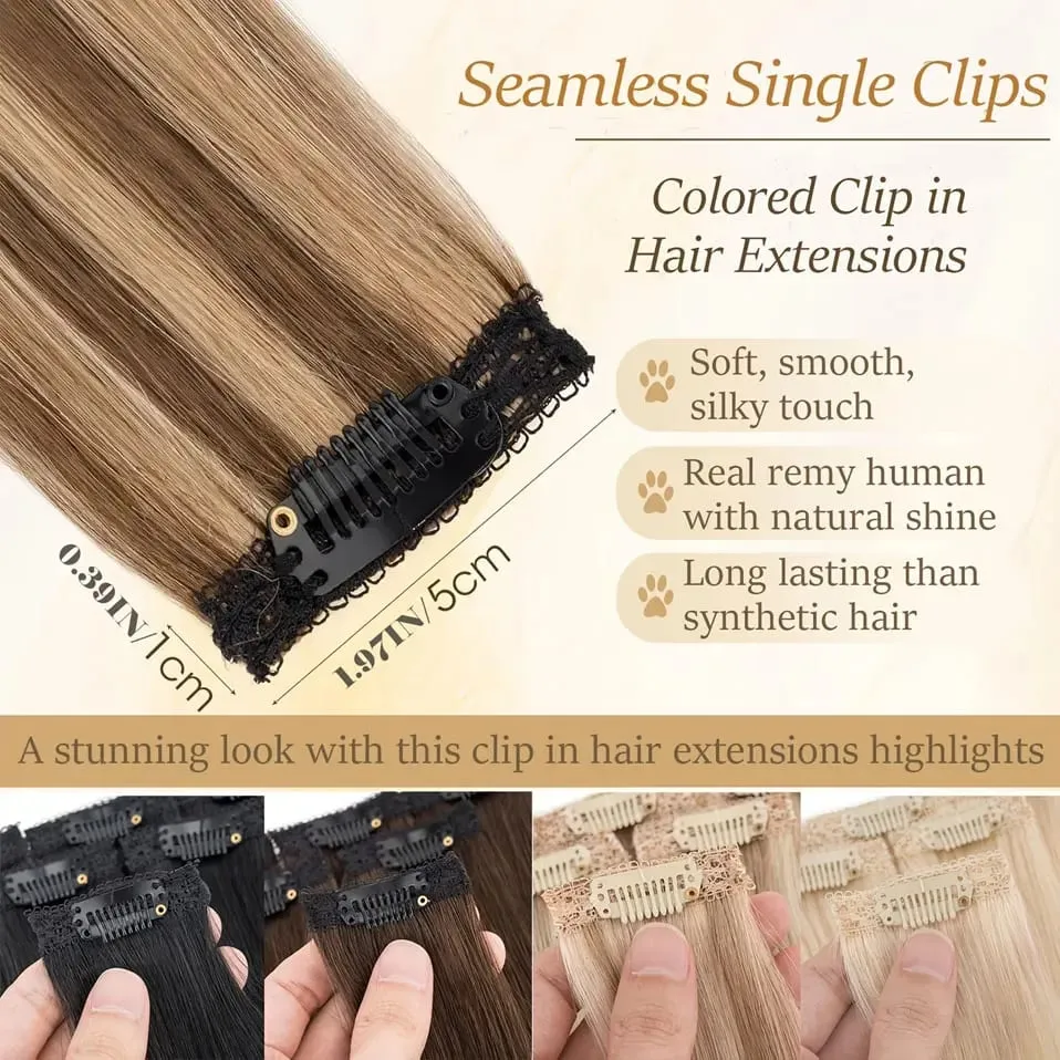 6 Pcs Clip In Human Hair Extensions Single Clip Ins Short Hair Extensions Seamless Straight Highlight Hairpieces for Women