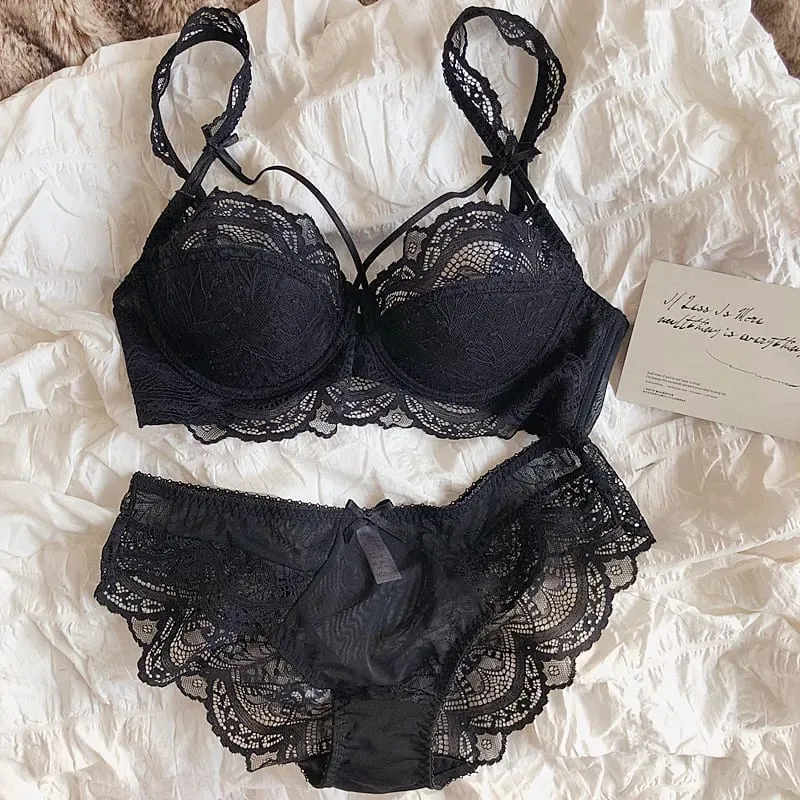 Lace ultra-thin big breasts bra with panties women sexy push up lingerie anti-sagging gathered laides underwear set