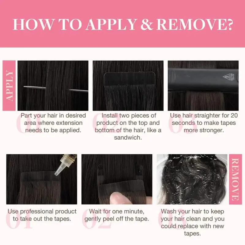 Straight Tape in Hair Extensions Human Hair Natural Black 20 Inch 50g 20pcs Skin Weft Seamless Tape in Real Remy Straight Hair for Women