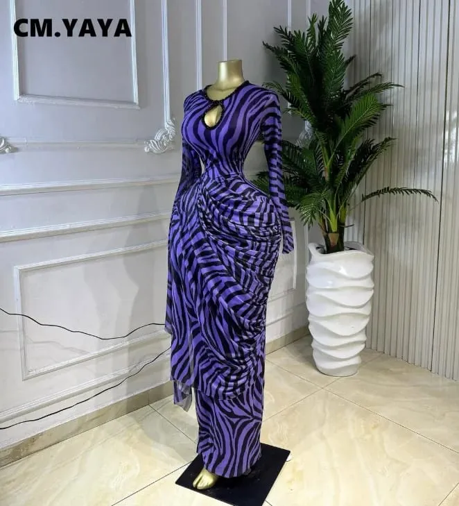 CM.YAYA Women Striped Print Ribbon Ruched Long Sleeve Bodycon Maxi Long Dress 2026 Sexy Birthday Party Education Trendy Dresses — image 4