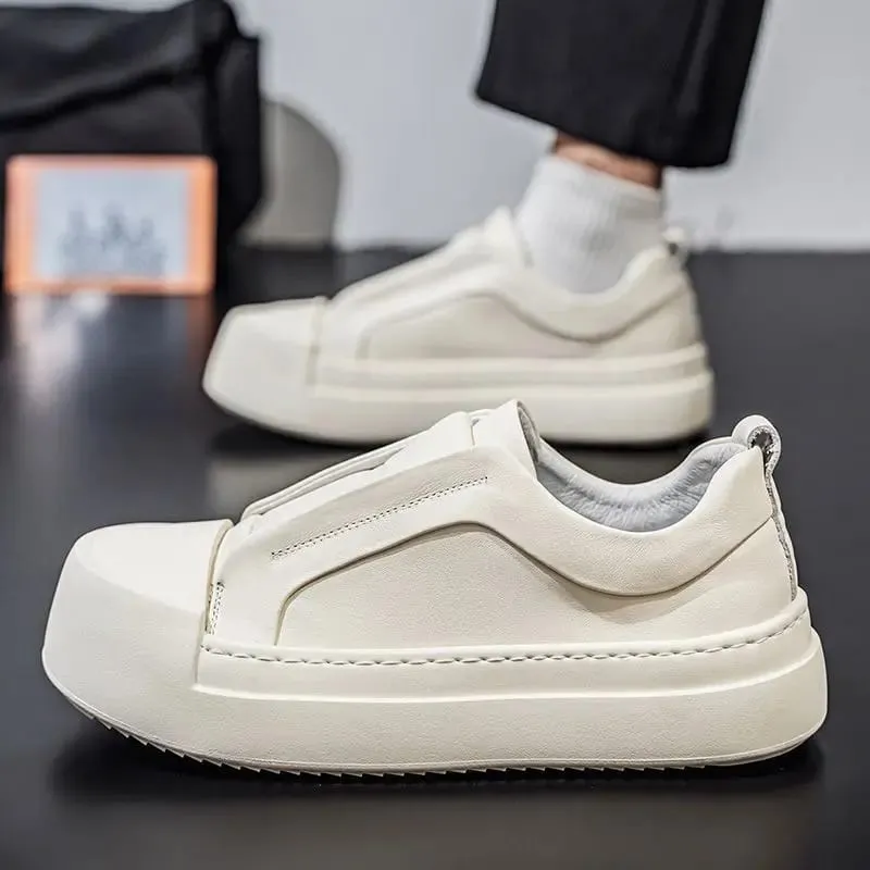 Retro Brown PU Leather Men's Shoes Lightweight Platform Elastic Band Casual Sneakers Fashion Street Walking Shoes High Quality