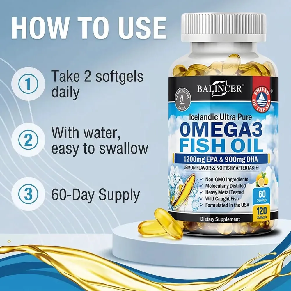 Strength Omega 3 Fish Oil 2250mg Wild Caught High EPA 1200mg & DHA 900mg Supports Heart Brain Eye Joint & Skin Health