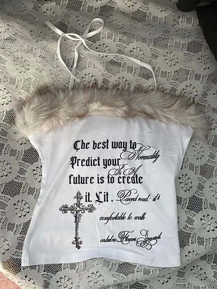 2026 Summer Women Y2K Grunge Goth Streetwear Sexy Faux Fur Trim Cross Letter Print Slim Fit Cropped Halter Neck Cami Tank Top