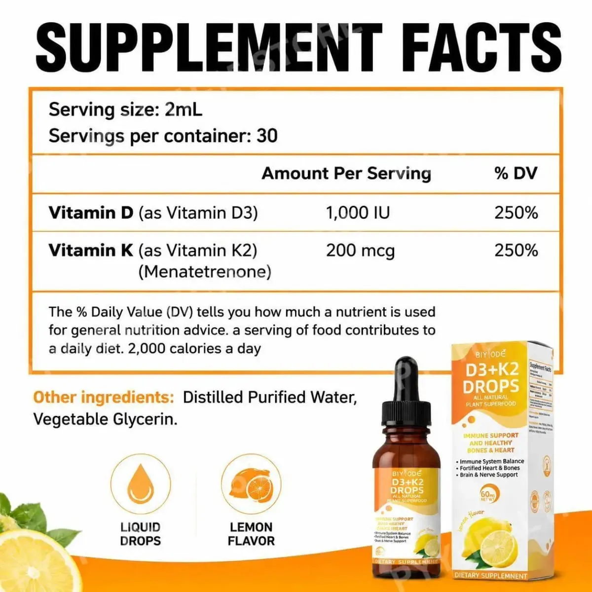 Vitamin D3 K2 Liquid Drops Calcium Absorption and Bone Support 1000 IU D3 with K2 Lemon Flavor 60 ml 30 Servings