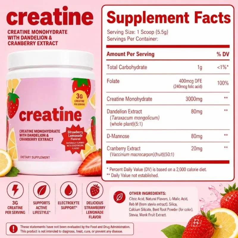 Women Creatine Powder 275g with 3000mg Creatine Monohydrate & Dandelion Cranberry Extract Support Energy Recovery After Exercise