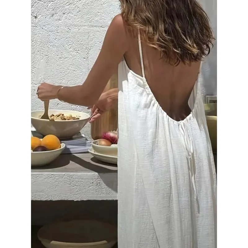 Vestido cami feminino de cor sólida sem costas com tiras vestido de salão aberto nas costas comprimento maxi com ajuste relaxado confortável para casa