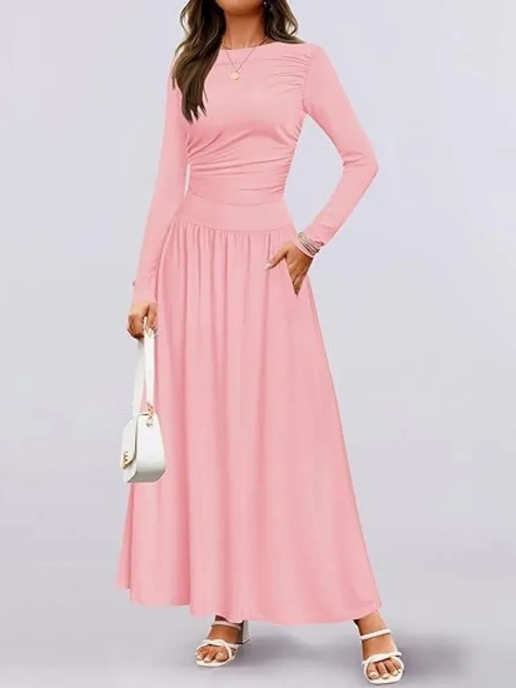 Autumn New Arrivals Women Long Sleeve Maxi Dress Comfortable Fit Ruched Detail Multi Color for Casual Everyday Wear