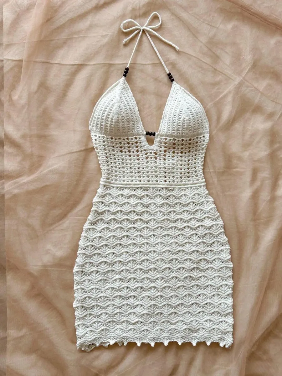 Women's White Crochet Halter Neck Sleeveless Dress
