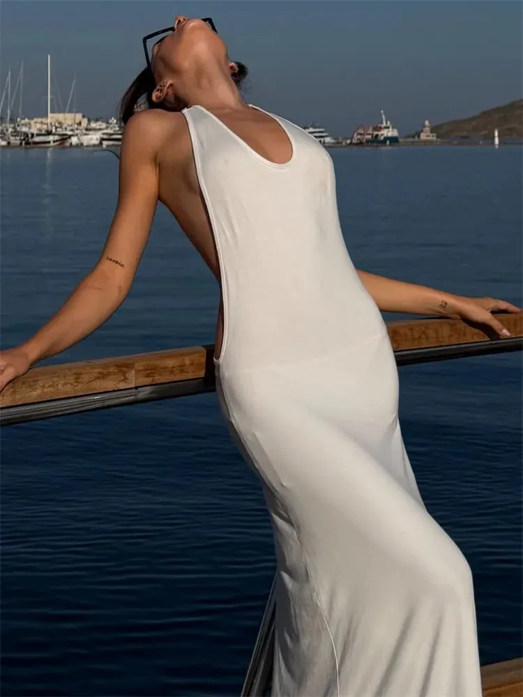 Tossy feminino halter sem costas bodycon maxi vestido aberto volta cinta de espaguete anel de ouro vestido de festa à noite verão praia vestido longo