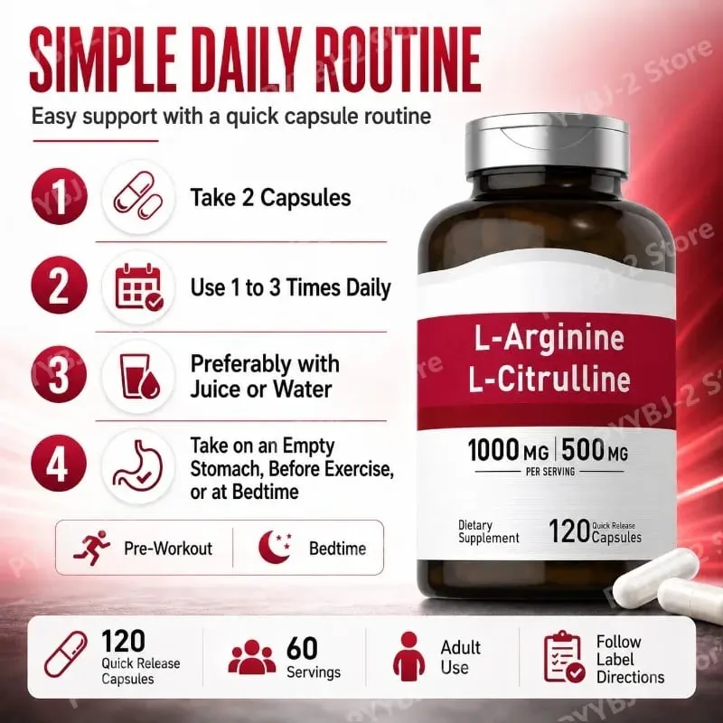 Cápsulas de suplemento de aminoácidos com contagem de 120 fornecem energia e suporte para uma vida saudável com 1000 mg de L-Arginina e 500 mg de L-Citrulina