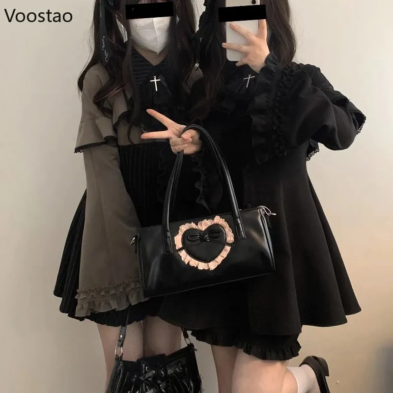 Vintage Lolita Tarzı Mini Elbise Seti Kadın Gotik Y2k Gevşek Flare Kol Sahte İki Adet Parti Elbiseler Kadın Kawaii Sevimli ...