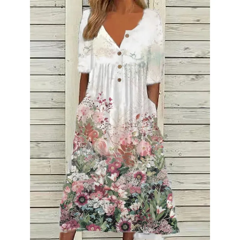 Women Dresses 2026 Spring autumn New floral printed V-neck button short-sleeved pocket long dresses women's clothing vestidoes