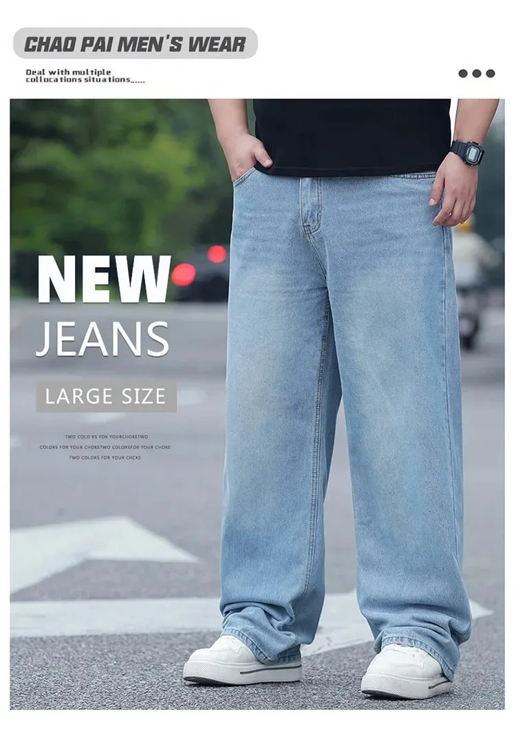 Plus Size Men's High Waist Straight Leg Jeans Four Seasons Loose Baggy Denim Trousers Casual Versatile Long Pants New