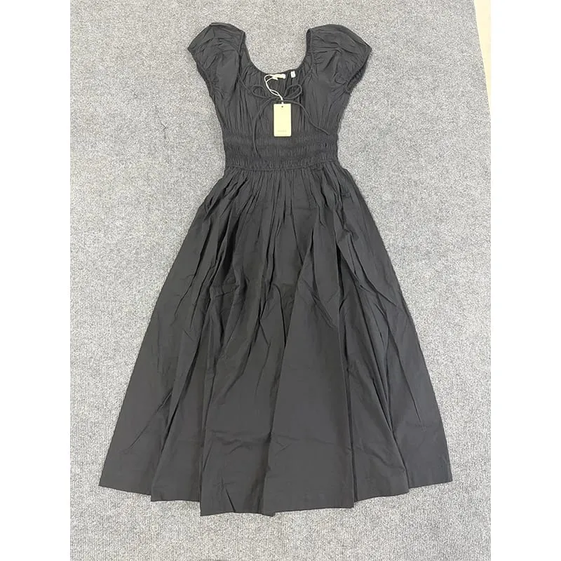 Quinn Style Women Pleated Midi Dress Elegant Puff Sleeve Smocked Waist Organic Cotton Poplin Casual Flare A-Line Dress