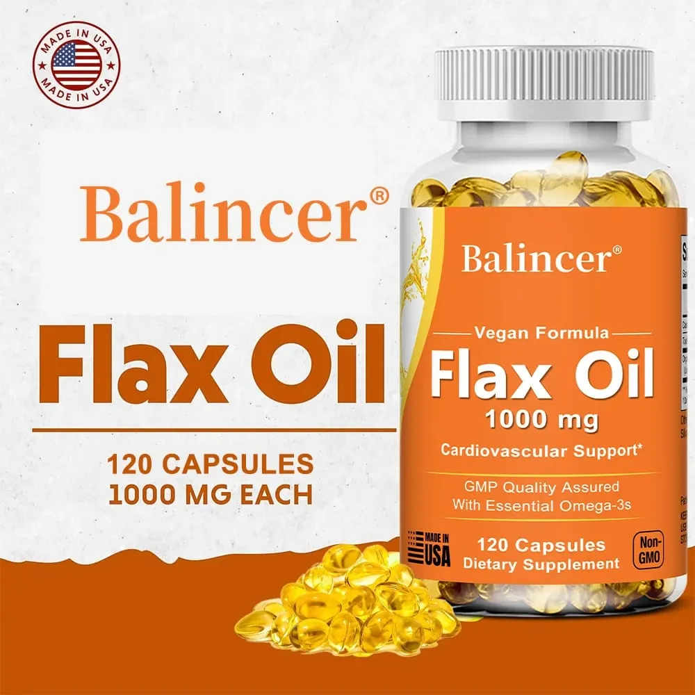 Flaxseed Oil 1000mg + Omega-3 Capsules Plant-Based Omega 3-6-9 Heart Brain Eye Joint Skin Immune & Cardiovascular Support