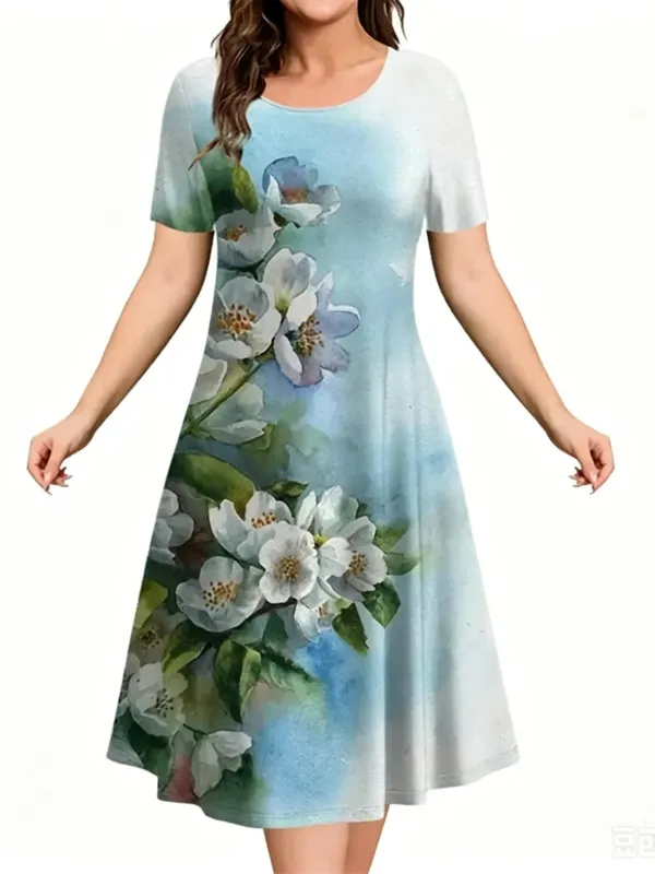 Sundress Loose Plus Size Dresses Women Flowers 3D Print Clothing Casual Summer Retro Short Sleeve Ladies Elegant Mini Dress