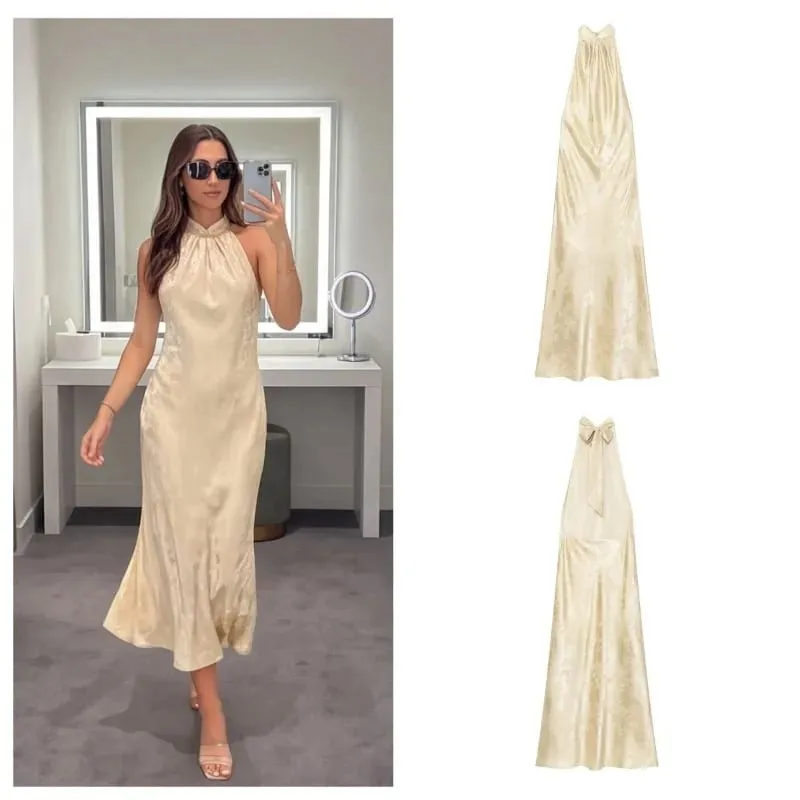 2026Minimalist Style Summer Women S Backless Flower Jacquard Hanging Neck MIDI Dress Bare Shoulders Fashion Elegant Long Dresses