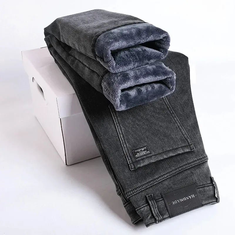 2027 New In Slim Straight Elastic Denim Winter Fleece Thick Warm Jeans Men's Pants Casual Male Clothing Fashion Plush Trousers
