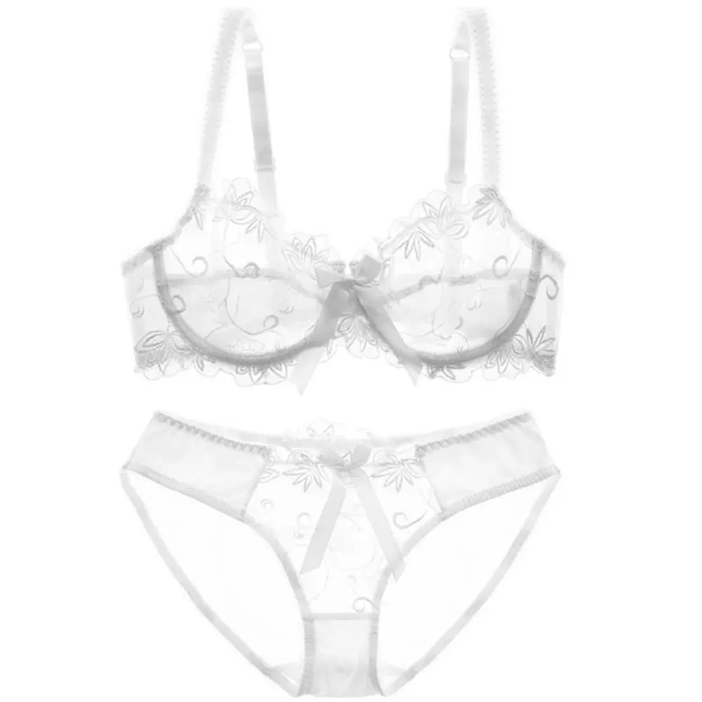 Women Sexy Sheer Mesh Lace Bra Set Thin Minimizer Big Bust Bowknot Pure Desire Lingerie Brassiere Underwear 34‑40 BC