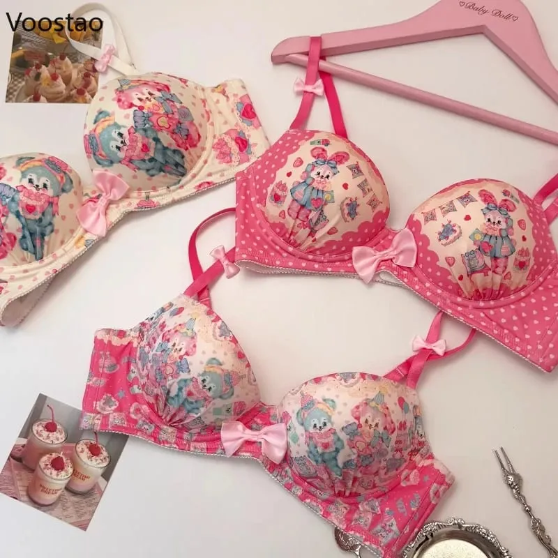 Japanese Sweet Lolita Style Women Cute Candy Rabbit Print Bra Panties Lingerie Set Girls Kawaii Underwear Panty Intimates Sets