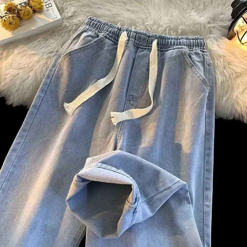Elastic Waist Jeans Men's High Sense Straight Loose American High Street Retro